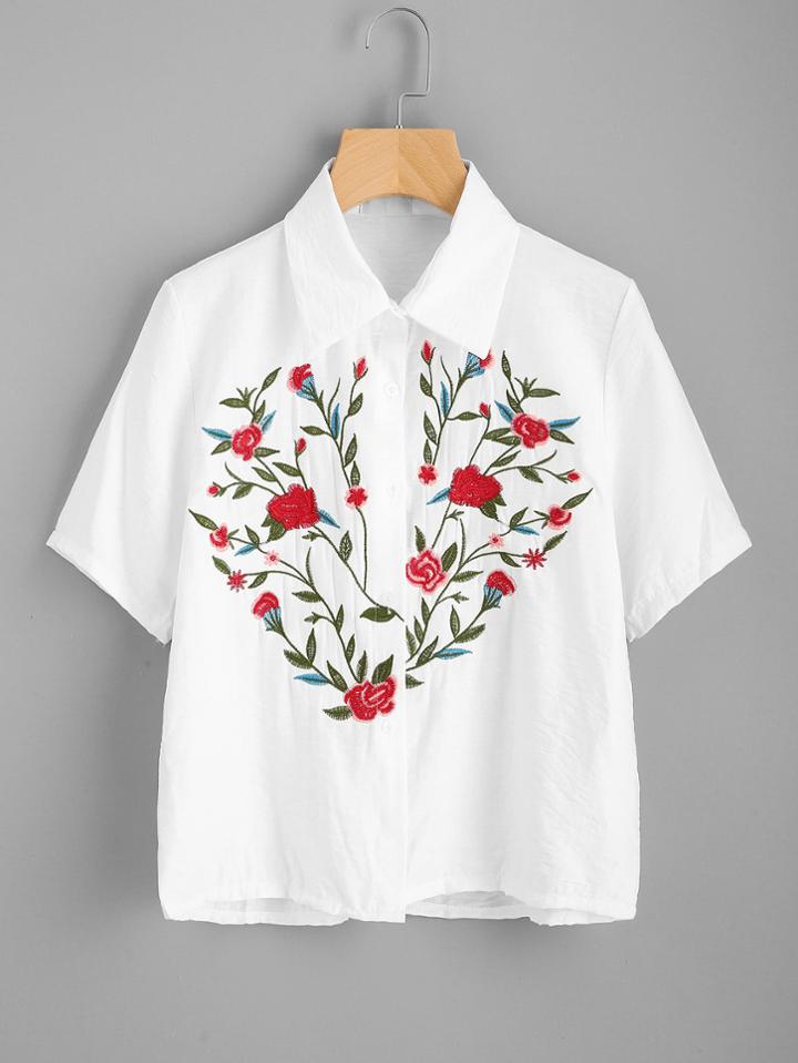 Romwe Floral Embroidered Shirt