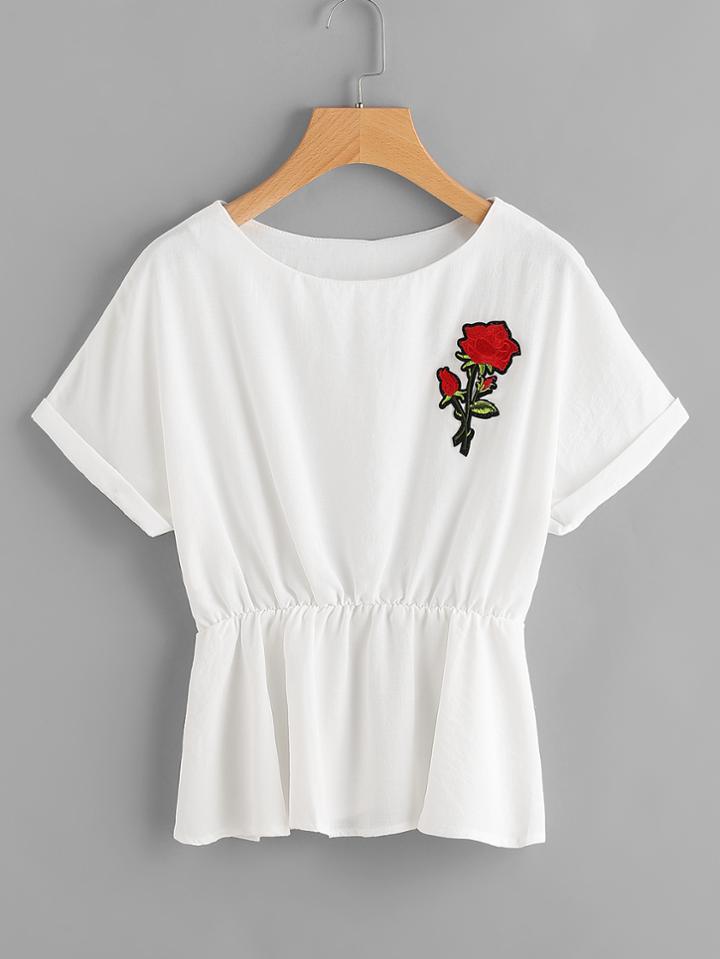 Romwe Rose Patch Cuffed Elastic Waist Blouse