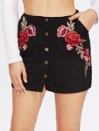 Romwe Rose Embroidered Applique Single Breasted Skirt