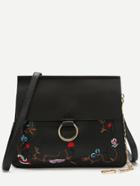 Romwe Black Embroidery Flap Shoulder Bag With Chain Detail