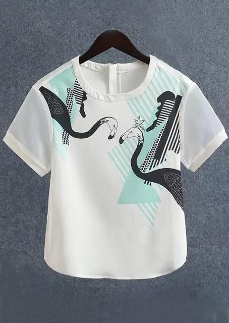 Romwe Back Zipper Swan Print Chiffon Top