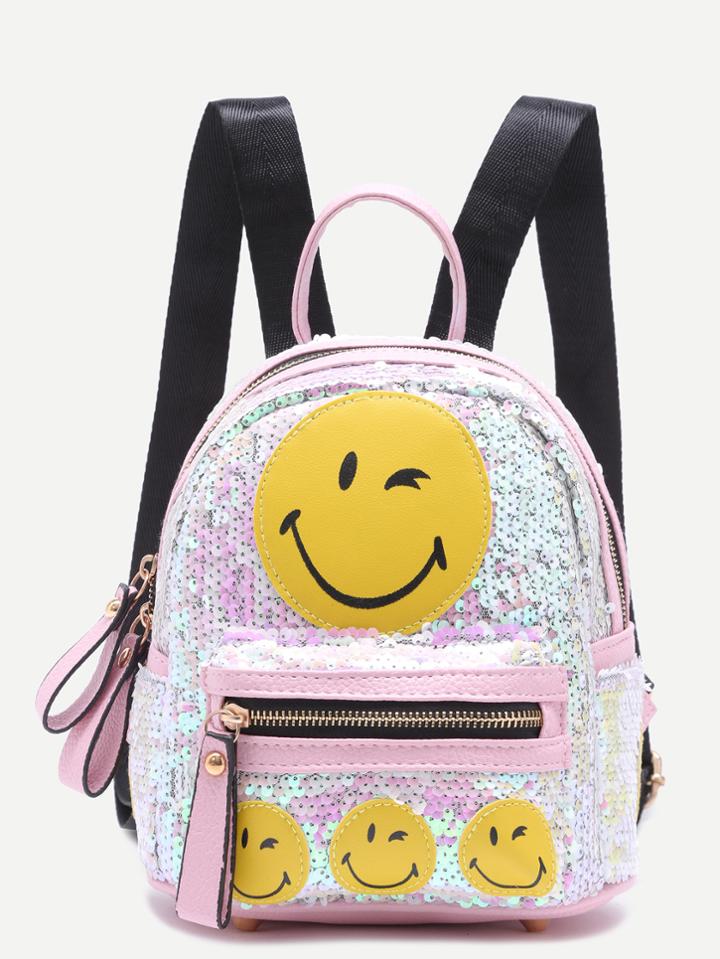 Romwe Pink Sequin Embellished Smiling Face Backpack