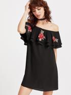 Romwe Black Embroidered Rose Applique Layered Ruffle Off The Shoulder Dress