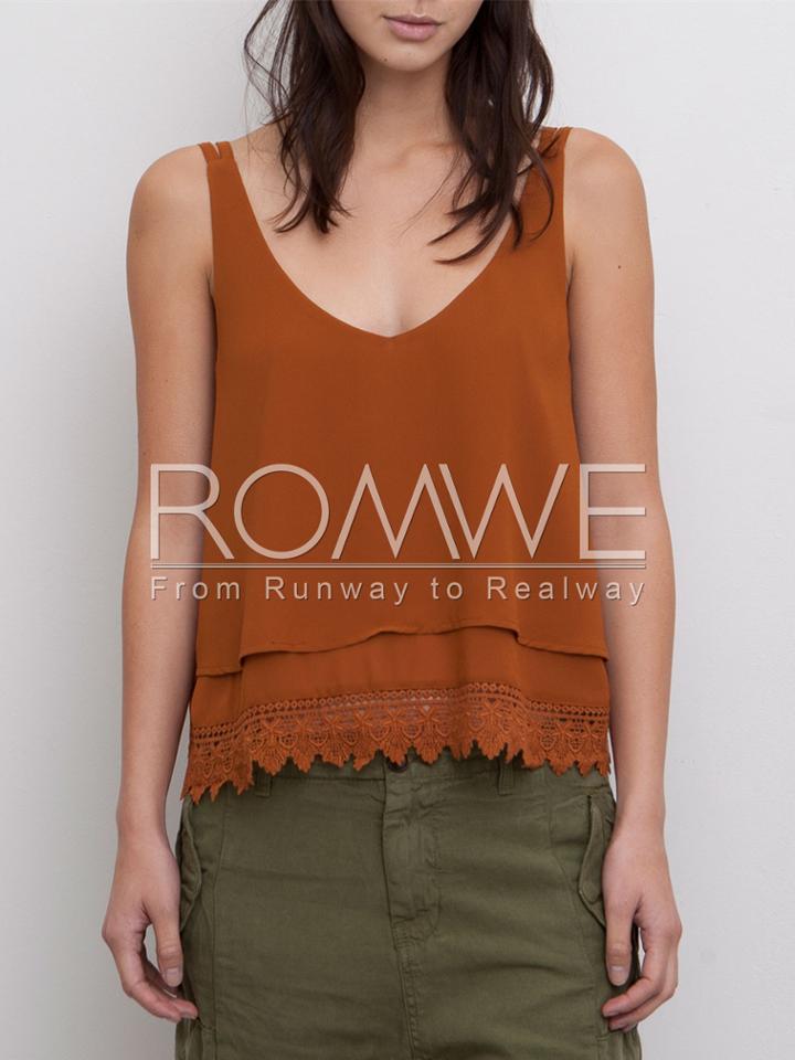 Romwe Brown Spaghetti Strap Backless With Lace Cami Top