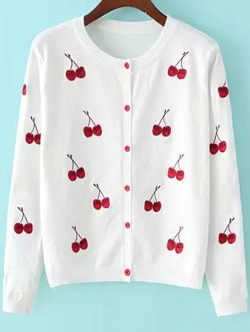 Romwe Cherry Embroidered White Cardigan