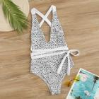 Romwe Dot Print Self Tie Plunge One Piece Swimsuit