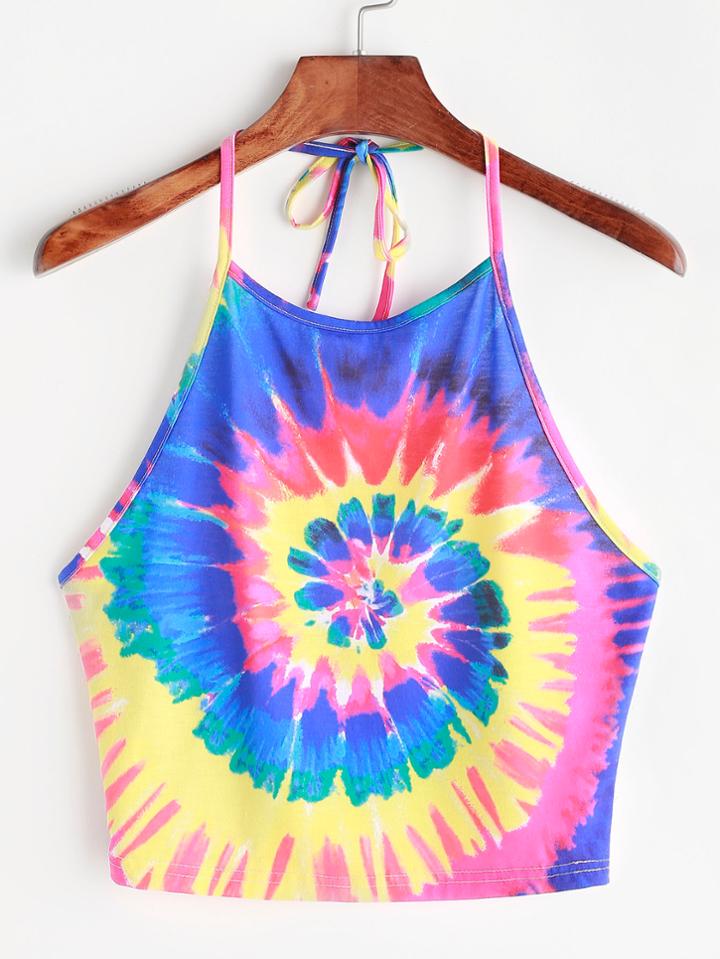Romwe Spiral Tie Dye Print Tie Halter Top