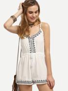 Romwe White Spaghetti Strap Embroidered Lace Up Romper