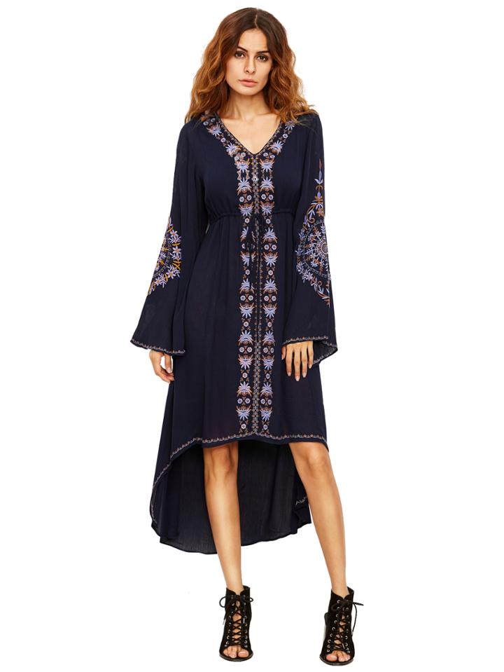 Romwe Navy Bell Sleeve Tribal Print Dress