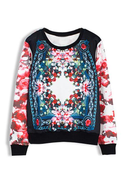 Romwe Retro Rose Print Casual Sweatshirt