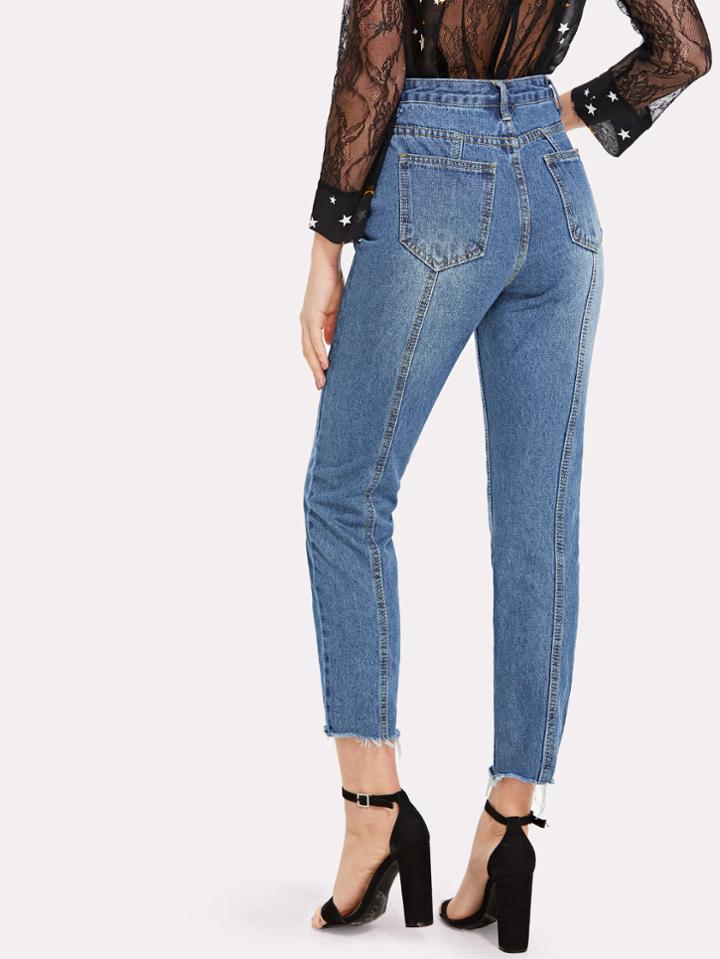 Romwe High Waist Raw Hem Jeans