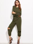 Romwe Army Green Ripped Zipper Back Drawstring Jumpsuit