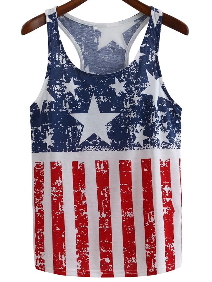 Romwe Vertical Stripe Stars Print Tank Top