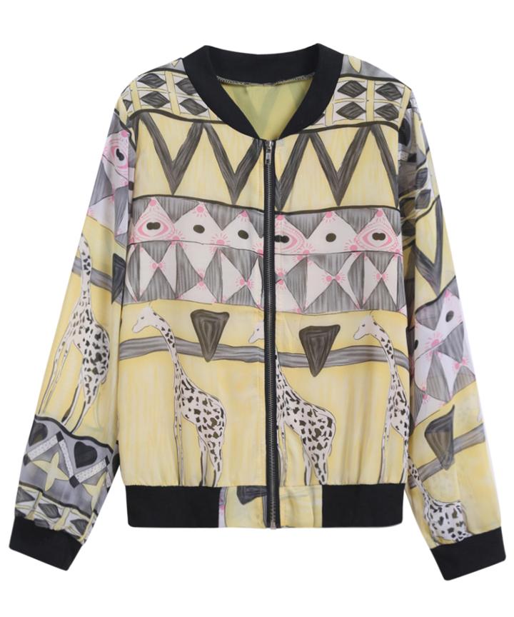 Romwe Giraffe Print Crop Yellow Jacket