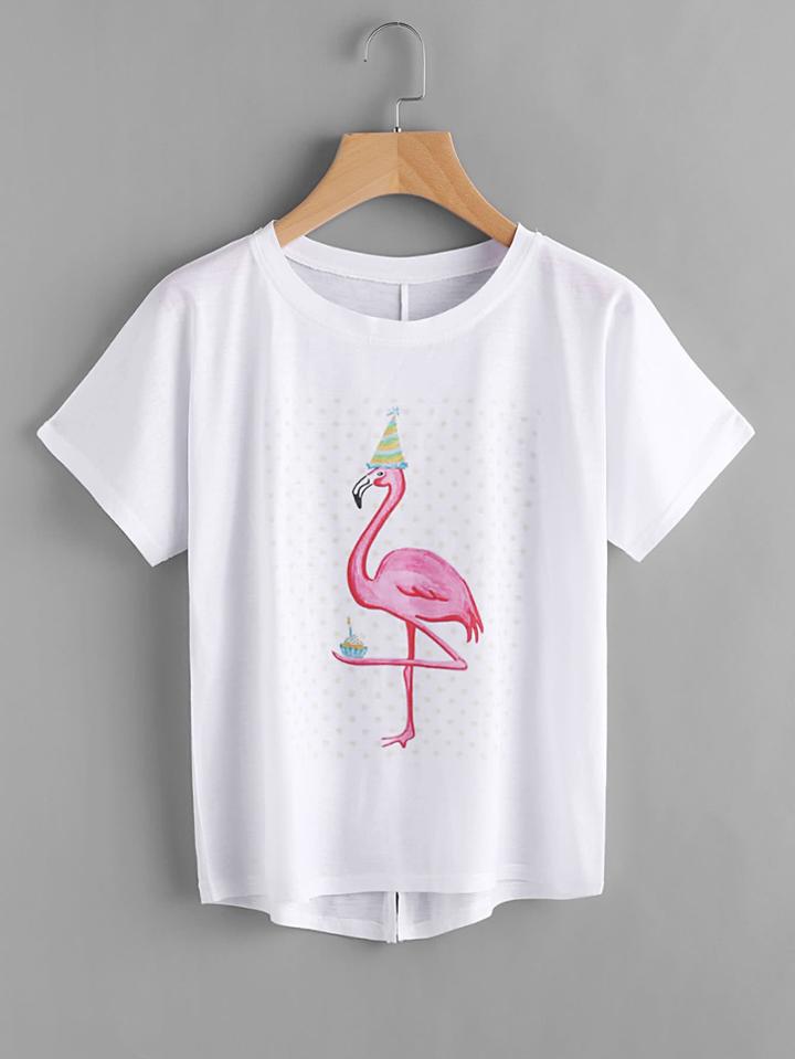 Romwe Flamingo Print Dip Hem Slit Back Tee