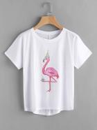 Romwe Flamingo Print Dip Hem Slit Back Tee