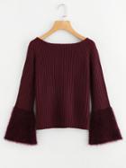 Romwe Contrast Faux Fur Cuff Ribbed Sweater