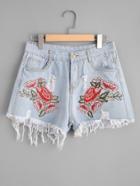 Romwe Flower Embroidered Frayed Denim Shorts