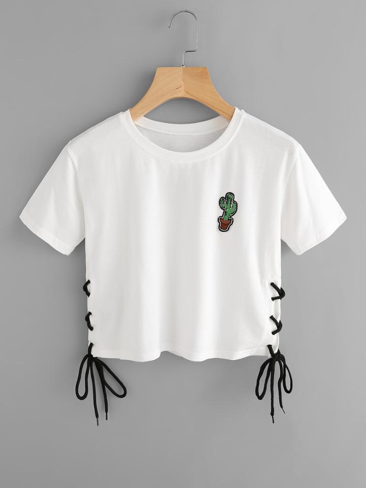 Romwe Cactus Patch Eyelet Lace Up Side Tee