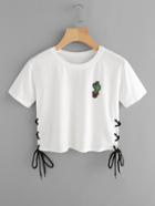 Romwe Cactus Patch Eyelet Lace Up Side Tee