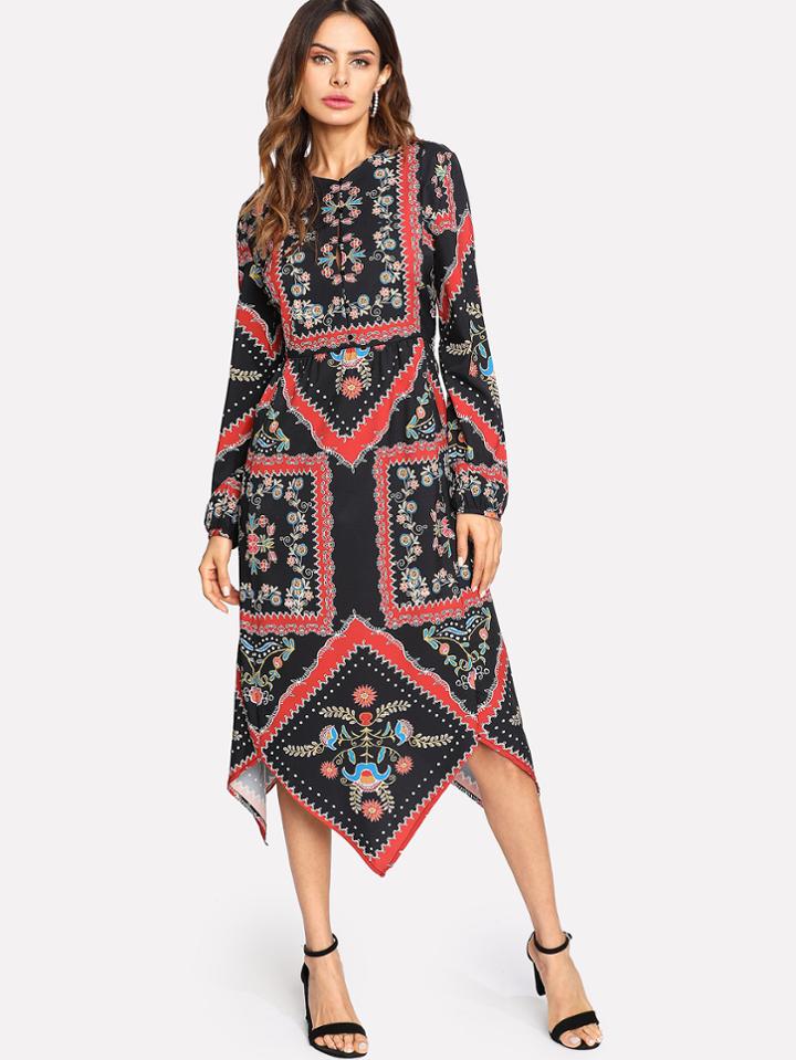 Romwe Asymmetrical Hem Tribal Print Dress