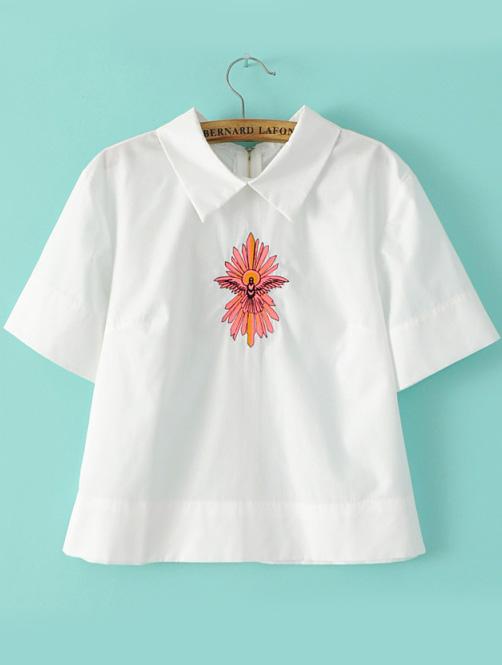 Romwe With Zipper Lapel Embroidered Top