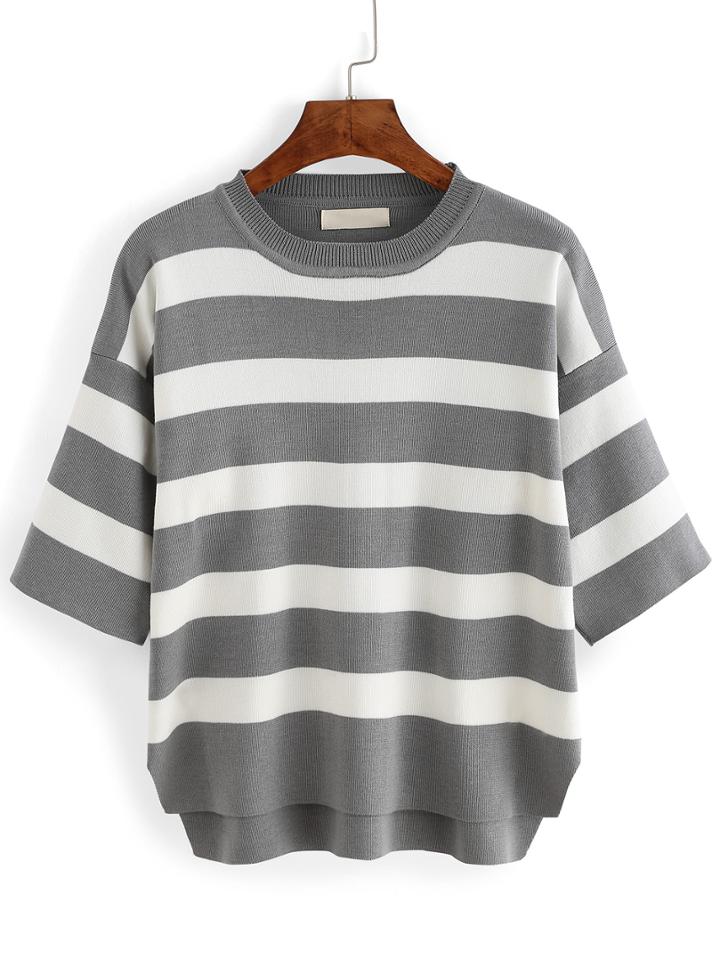 Romwe Dropped Shoulder Seam Striped Dip Hem Split Grey Knitwear