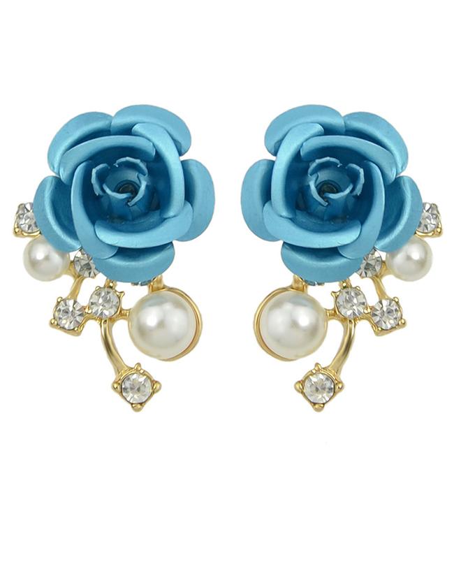 Romwe Pearl Blue Flower Stud Earrings