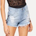 Romwe Lace-up Side Destroy Ripped Denim Shorts