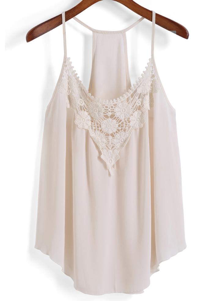 Romwe Spaghetti Strap Dip Hem Floral Crochet Cami Top