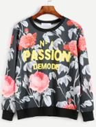 Romwe Contrast Trim Floral And Letter Print Sweatshirt
