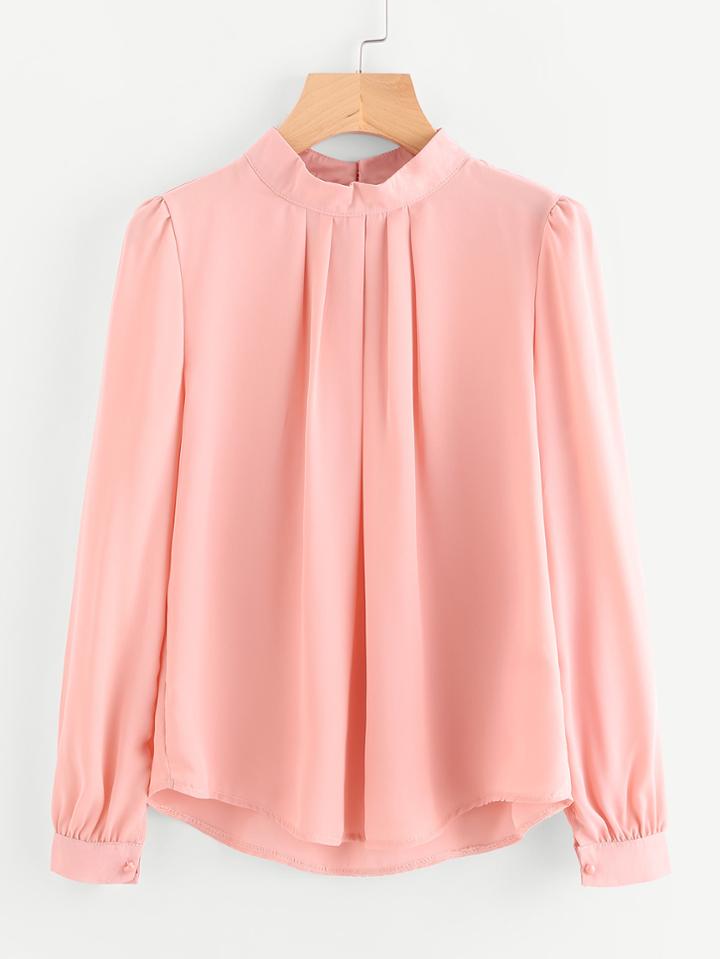 Romwe Pleated Detail Button Keyhole Back Chiffon Blouse