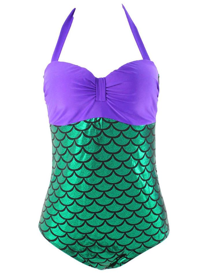 Romwe Halter Mermaid One-piece Swimwear - Purple