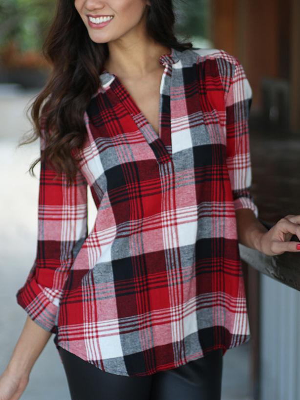 Romwe V Neck Plaid Red Blouse