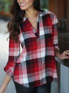 Romwe V Neck Plaid Red Blouse