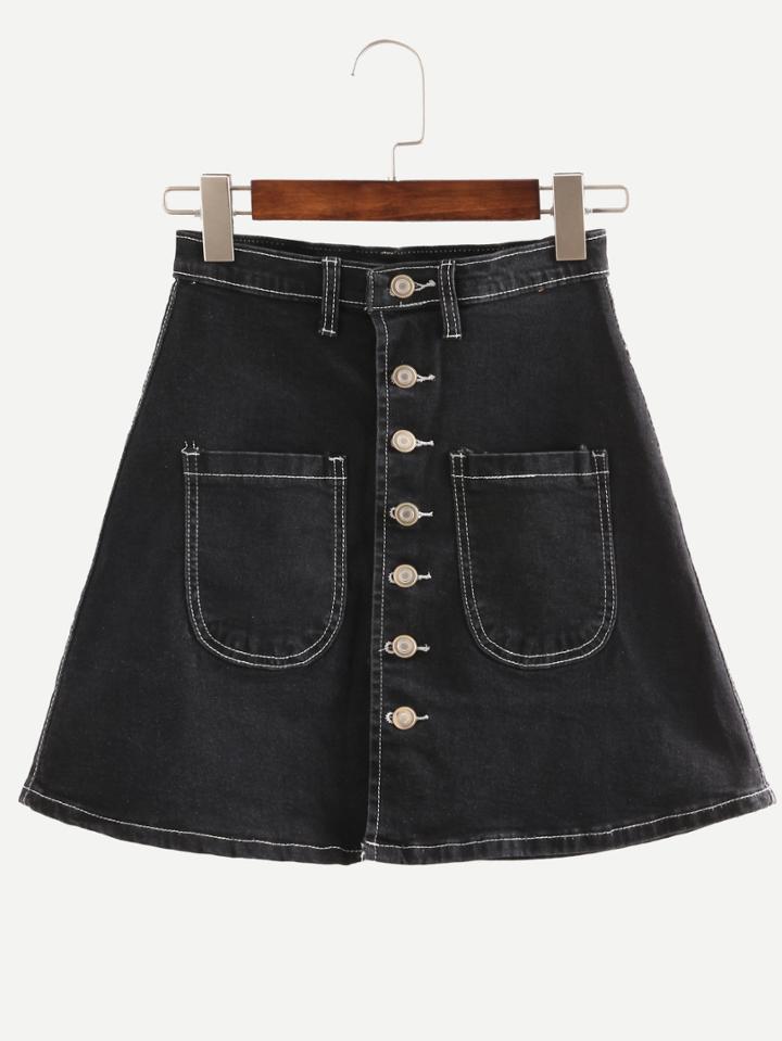 Romwe Black Single Breasted A-line Skirt With Pockets