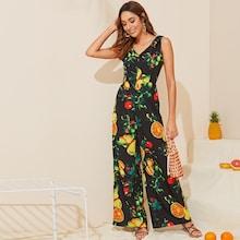 Romwe V-neck Knot Shoulder Fruit Print Wide Leg Jumpsuit