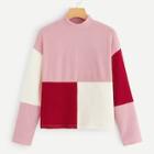 Romwe Color Block Ribbed Knit Mock-neck Pullover