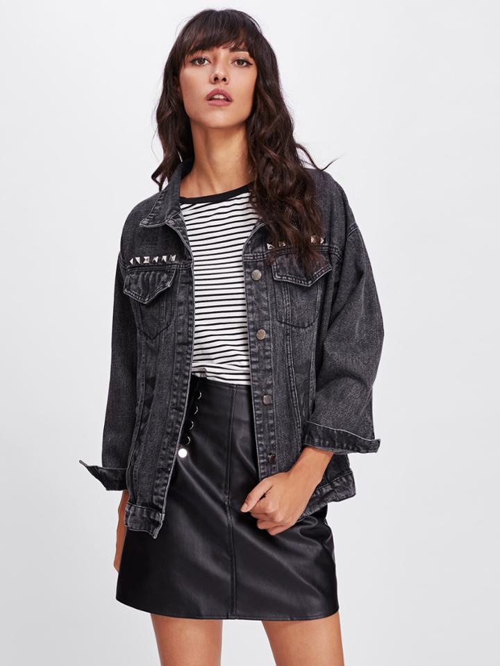Romwe Letter Print Bleach Wash Denim Jacket