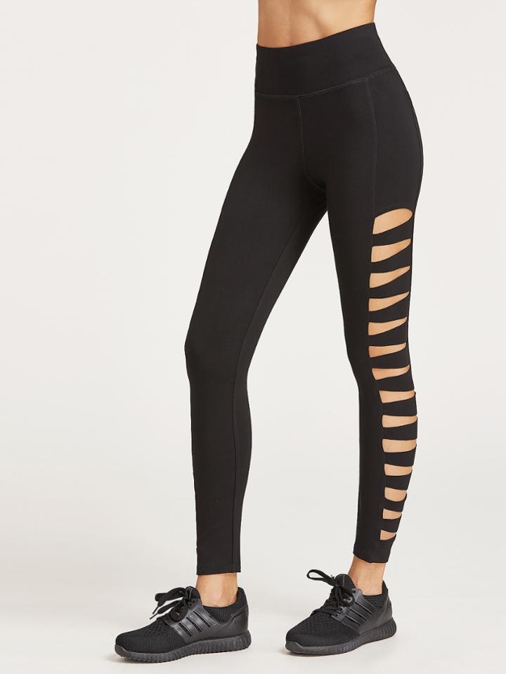 Romwe Black Ladder Cutout Wide Waistband Leggings