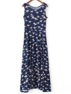 Romwe Navy Sleeveless Bird Printed Pleated Midi Dress