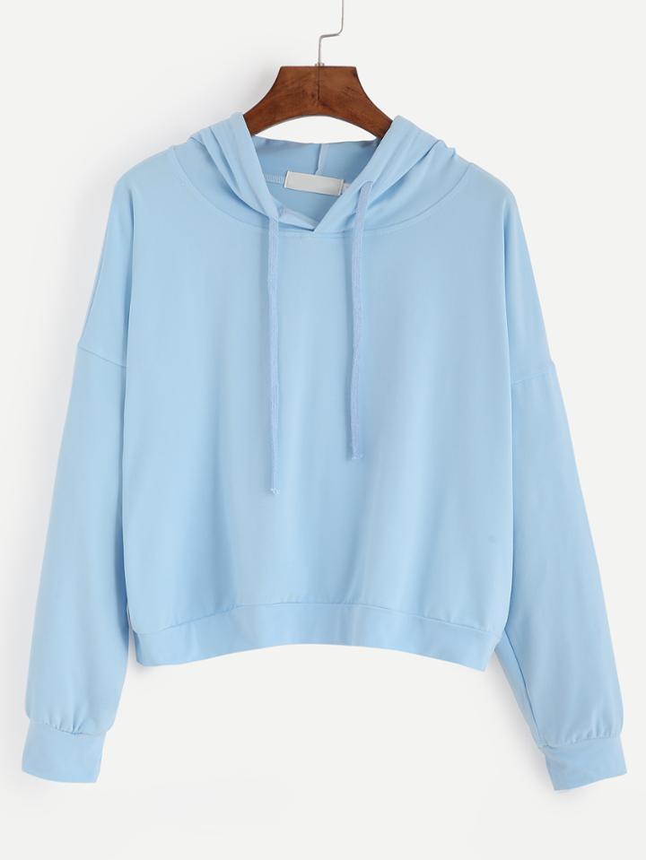 Romwe Blue Drop Shoulder Hooded Sweatshirt