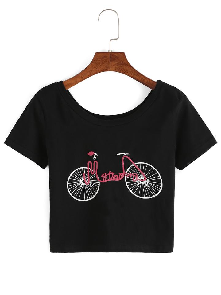 Romwe Scoop Neck Bicycle Print T-shirt