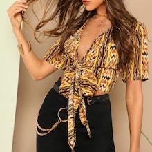 Romwe Plunging Neck Knot Hem Tribal Blouse