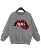 Romwe Lips Pattern Sequined Grey Sweatshirt