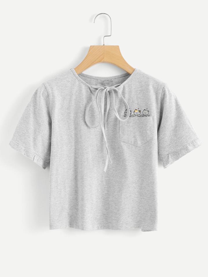 Romwe Chest Pocket Tie Neck Crop Tee