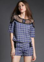 Romwe Lace Insert Polka Dot Top With Houndstooth Shorts