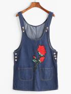 Romwe Denim Overall Dress With Rose Embroidered