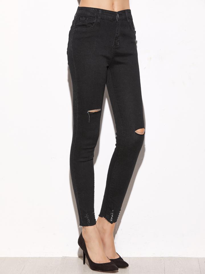 Romwe Black Ripped Front Frayed Hem Skinny Jeans