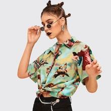 Romwe Angel Print Button Front Blouse